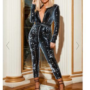 BLACK PLUNGE FRONT TAILORED SEQUIN JUMPSUIT